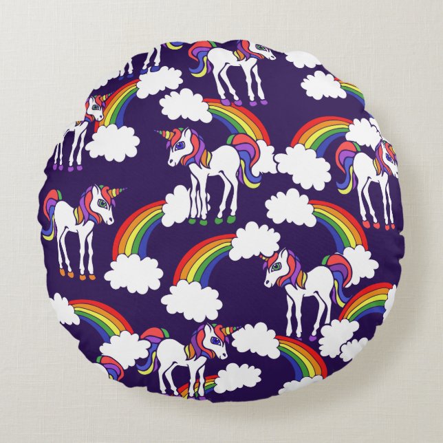 Unicorn Rainbows Rundes Kissen (Vorderseite)