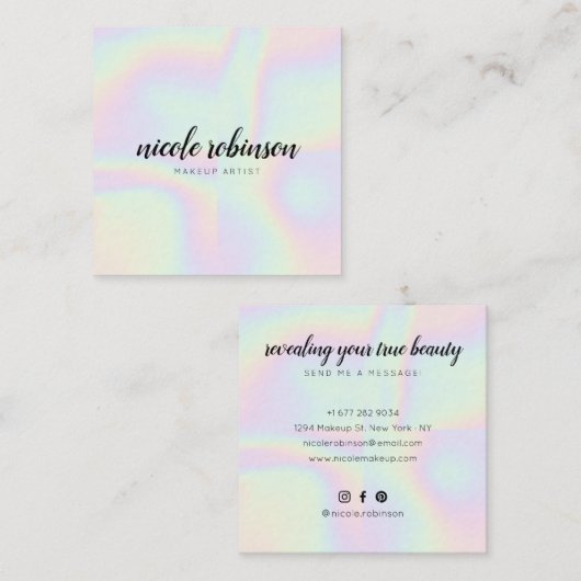 Unicorn Regenbogen holografischer, moderner Makeup Quadratische Visitenkarte (Vorne/Hinten)