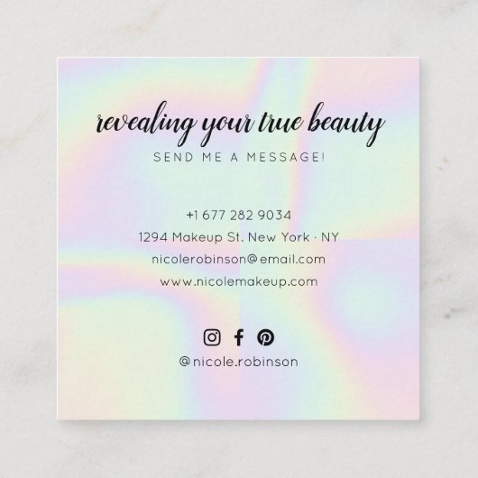 Unicorn Regenbogen holografischer, moderner Makeup Quadratische Visitenkarte (Rückseite)