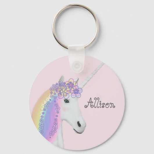 Unicorn Regenbogen Pink Personalisiert Schlüsselanhänger (Vorderseite)