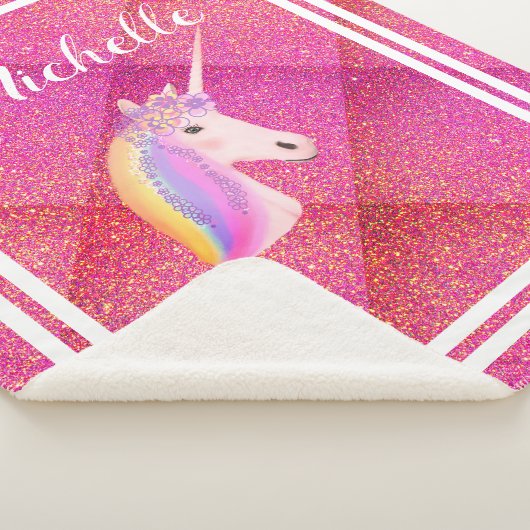 Unicorn Regenbogen Rosa Glitzer Personalisiert Kid Sherpadecke (3/4)