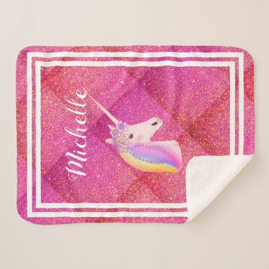 Unicorn Regenbogen Rosa Glitzer Personalisiert Kid Sherpadecke (Vorderseite (Horizontal))