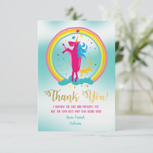 Unicorn Regenbogen Vielen Dank, dass Sie sich Kart Einladung (Stehend Vorderseite)