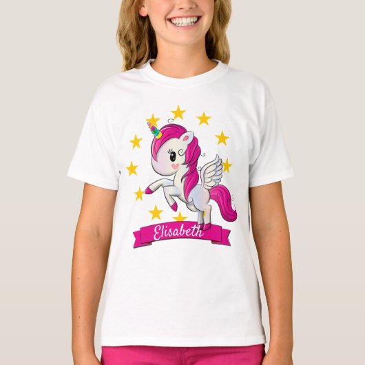 Unicorn Regenbogengeburt personalisiert farbig T-Shirt (Vorderseite)