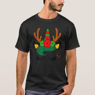 Unicorn Reindeer Face with Flowers Wreath Cute Chr T-Shirt