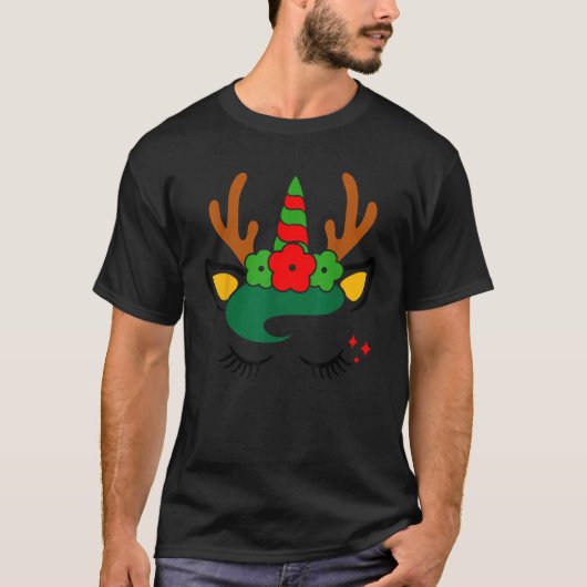 Unicorn Reindeer Face with Flowers Wreath Cute Chr T-Shirt (Vorderseite)