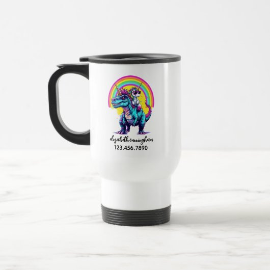 Unicorn Riding Dinosaur Rainbow Name school Reisebecher (Links)