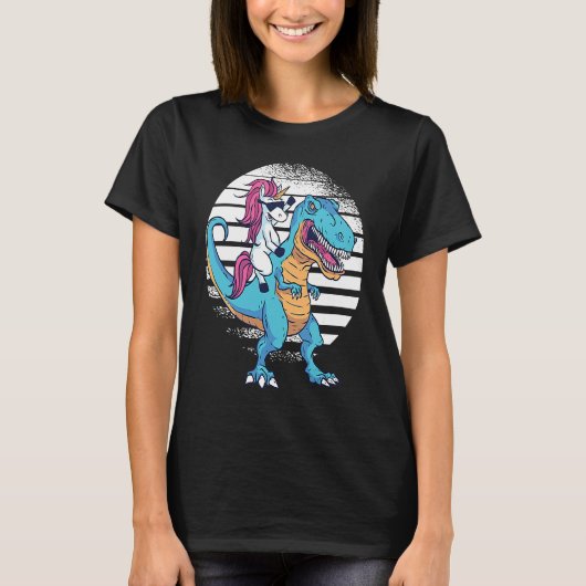 Unicorn Riding Dinosaur Rex Retro Sunset Boys Girl T-Shirt (Vorderseite)