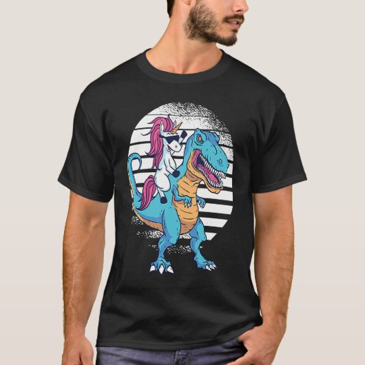 Unicorn Riding Dinosaur Rex Retro Sunset Boys Girl T-Shirt (Vorderseite)