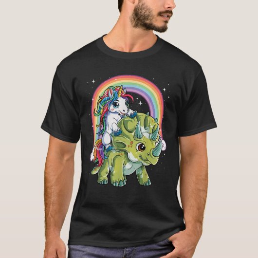 Unicorn Riding Dinosaur Triceratops Regenbogengesc T-Shirt (Vorderseite)