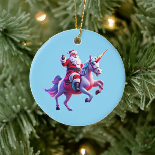Unicorn Riding Santa Keramik Ornament