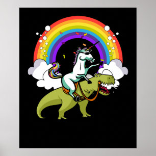 Unicorn Riding T-Rex Dinosaur Magischer Regenbogen Poster