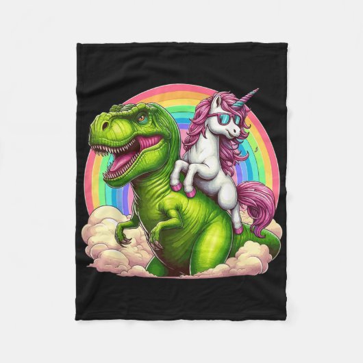 Unicorn Riding T-rex Dinosaurier mit Regenbogenfan Fleecedecke (Vorderseite)