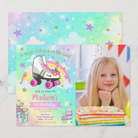 Unicorn Roller Skate Birthday Invitation Einladung (Vorne/Hinten)