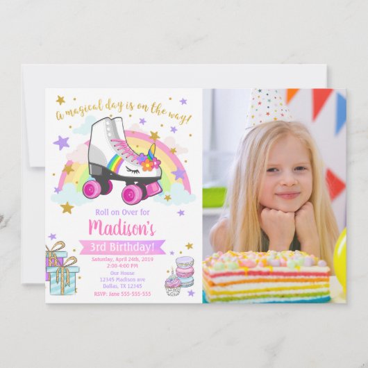 Unicorn Roller Skate Birthday Invitation Einladung (Vorderseite)