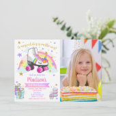 Unicorn Roller Skate Birthday Invitation Einladung (Stehend Vorderseite)