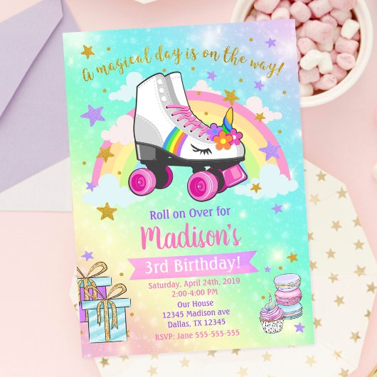 Unicorn Roller Skate Geburtstag Einladung