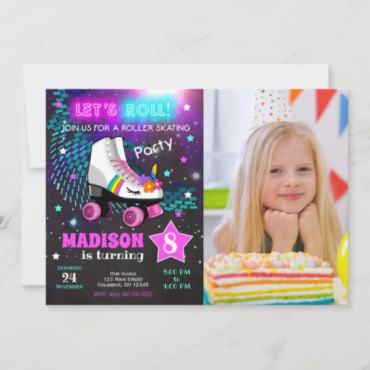 Unicorn Roller Skating Birthday Party Invitation Einladung (Vorderseite)