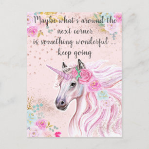 Unicorn Rosa Aquamarines Blumengoldzitat Glitzer Postkarte