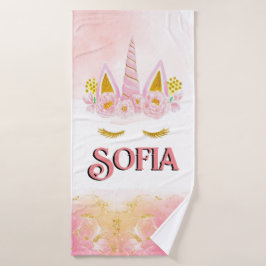 Unicorn Rosa Blütengolden Glitzer Personalisiert Badehandtuch