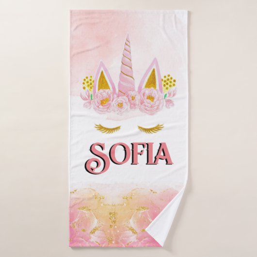 Unicorn Rosa Blütengolden Glitzer Personalisiert Badehandtuch (Badehandtuch)