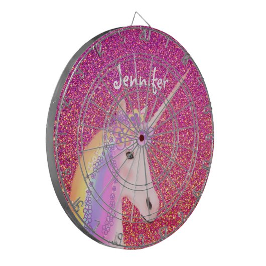 Unicorn Rosa Glitzer Fantasy Girls Personalisiert Dartscheibe (Vorderseite Links)