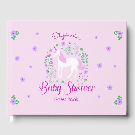 Unicorn Rosa Glitzer Personalisiert Baby Dusche Gästebuch (Vorderseite)