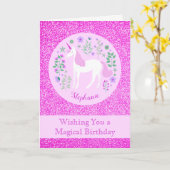 Unicorn Rosa Glitzer Personalisiert Happy Birthday Karte (Gelbe Blume)