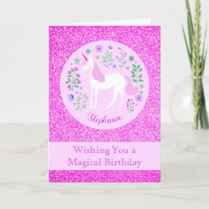 Unicorn Rosa Glitzer Personalisiert Happy Birthday Karte