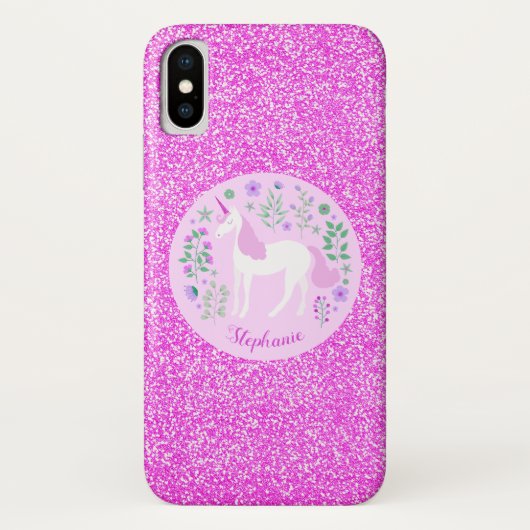 Unicorn Rosa Glitzer Personalisierter Name Case-Mate iPhone Hülle (Rückseite)