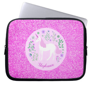 Unicorn Rosa Glitzer Personalisierter Name Laptopschutzhülle