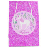 Unicorn Rosa Glitzer Personalisierter Name Mittlere Geschenktüte (Vorderseite)