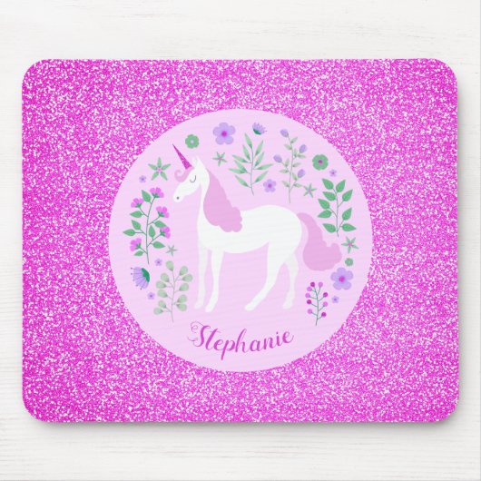 Unicorn Rosa Glitzer Personalisierter Name Mousepad (Vorne)