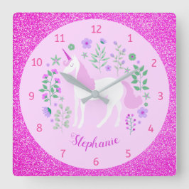Unicorn Rosa Glitzer Personalisierter Name Quadratische Wanduhr