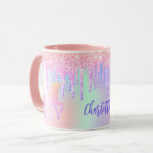 Unicorn rosa Glitzer Tropfen holografischer lila N Tasse (Vorderseite Links)