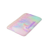 Unicorn rosa Glitzer Tropfen Name holografisch Badematte (Schrägansicht)