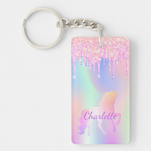 Unicorn rosa Glitzer Tropfen Name holografisch Schlüsselanhänger (Vorderseite)