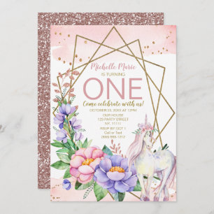 Unicorn Rosa Gold Floral Erster Geburtstag Einladung