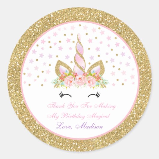Unicorn Rosa & Gold Gastgeschenk Aufkleber Siegel (Vorderseite)