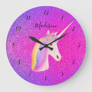 Unicorn Rosa Lila Glitzer Girls Personalisiert Große Wanduhr