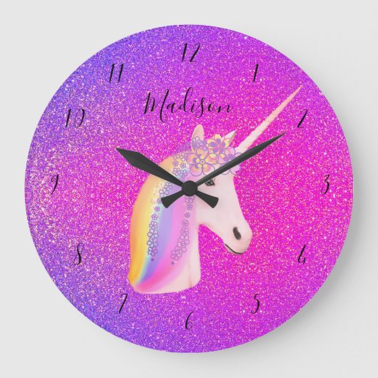 Unicorn Rosa Lila Glitzer Girls Personalisiert Große Wanduhr (Vorderseite)