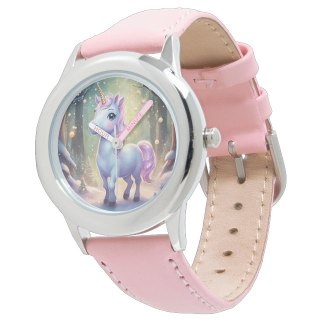 Unicorn - rosa rosa Stahlleder-Federwache Armbanduhr (Schrägansicht)