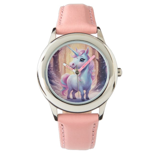 Unicorn - rosa rosa Stahlleder-Federwache Armbanduhr (Vorderseite)