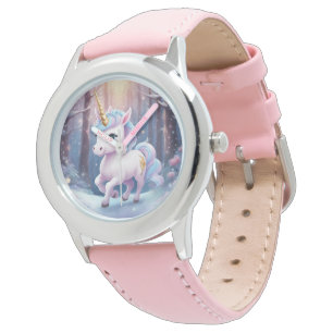 Unicorn - rosa rosa Stahlleder-Federwache Armbanduhr