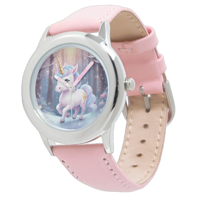 Unicorn - rosa rosa Stahlleder-Federwache Armbanduhr (Schrägansicht)