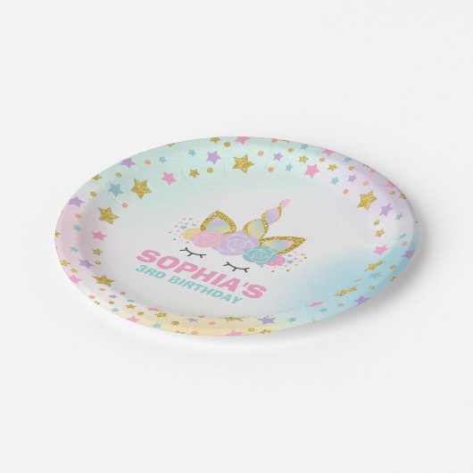 Unicorn-Rosa und Goldpapierplatte 7" PapierTeller (Schrägansicht)