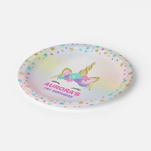 Unicorn-Rosa und Goldpapierplatte 7" PapierTeller (Schrägansicht)