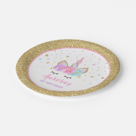 Unicorn-Rosa und Goldpapierplatte 7" PapierTeller (Schrägansicht)