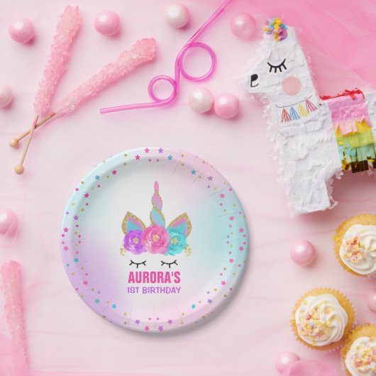 Unicorn-Rosa und Goldpapierplatte 7" PapierTeller (Party)