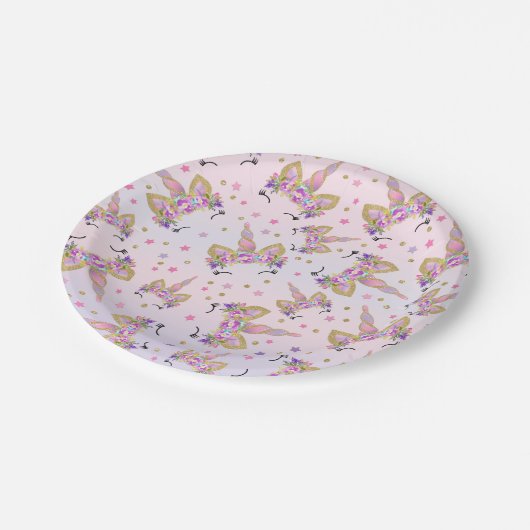 Unicorn-Rosa und Goldpapierplatte 7" PapierTeller (Schrägansicht)